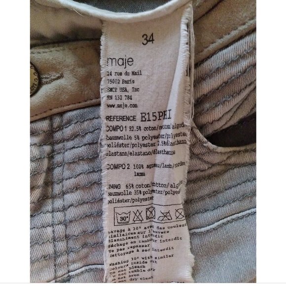 Maje Gray Denim Skinny Jeans, Lamb Suede Detail, Low Rise - Picture 3 of 11